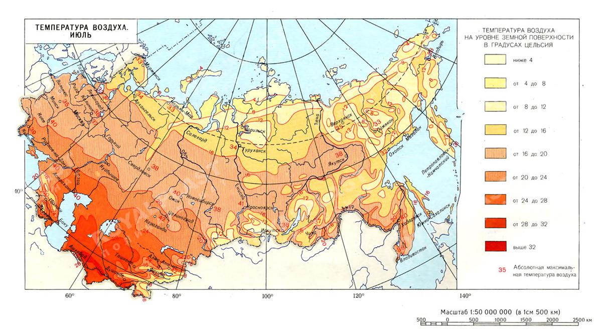 Карта районирования температурных зон в июле